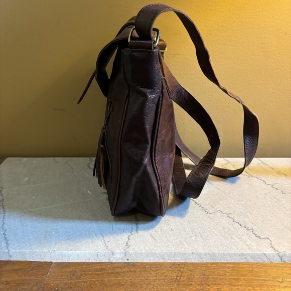 Hand Tooled Brown Leather Small Messenger Crossbody Bag Fringe boho Y2K Vintage - Picture 4 of 14